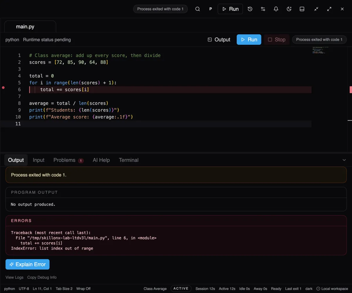 ScriptOnX editor showing a Python program with a marked failing line and an index-out-of-range error in the output panel.