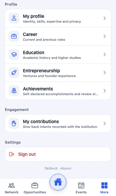 SuitonX alumni mobile app profile screen listing profile, career, education, entrepreneurship and achievements.